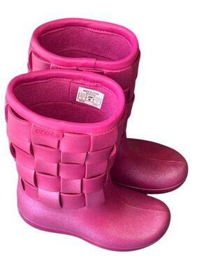 Rare CROCS Girls SUPERMOLDED IRI WEAVE PINK GLitter BOOTs size youth 3 kids